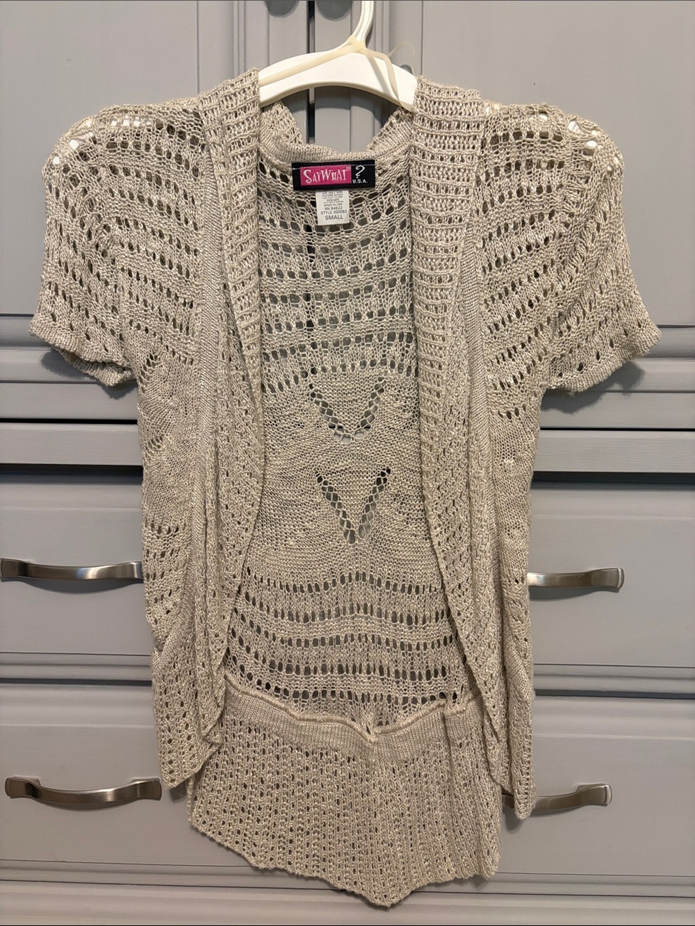 Say What? Open-Front Short-Sleeve Crochet Cardigan - Beige